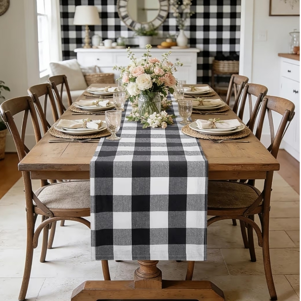 Hobby Lobby Buffalo Plaid Black & White Checkered Table Runner 74" X 13"